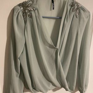 LULUS Exclusive My Beading Heart Sheer Beaded Sage Green Top